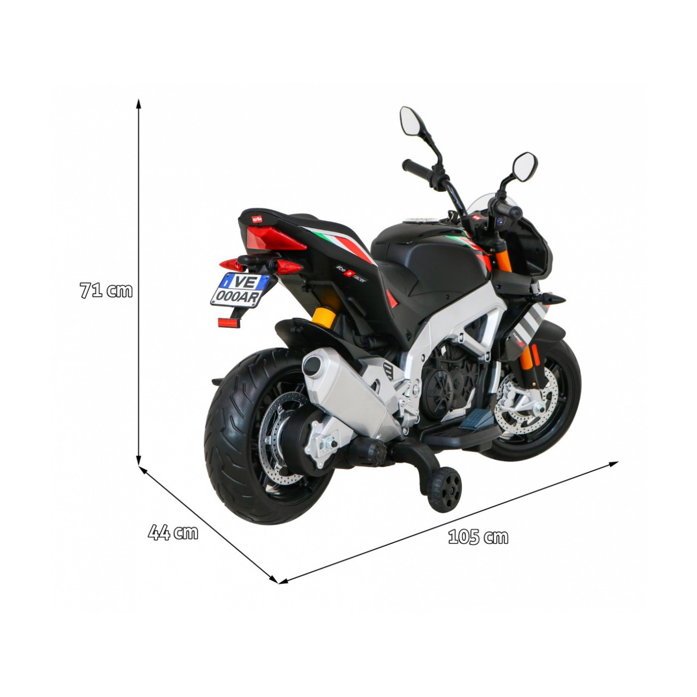 Aprilia Tuono V4 Dětská baterie Motor Černá MP3 Panel Pomocná kola Pomalý start