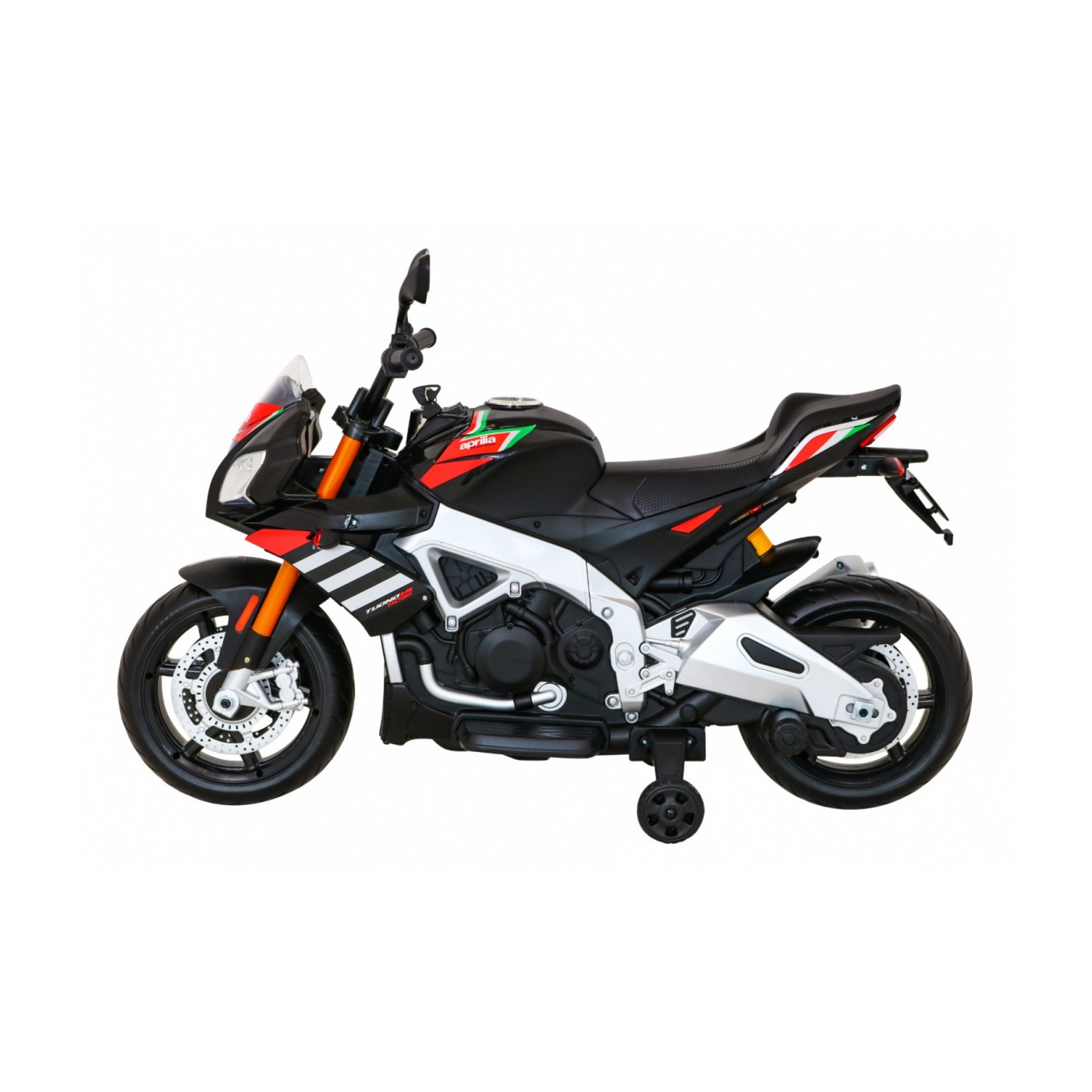 Aprilia Tuono V4 Dětská baterie Motor Černá MP3 Panel Pomocná kola Pomalý start