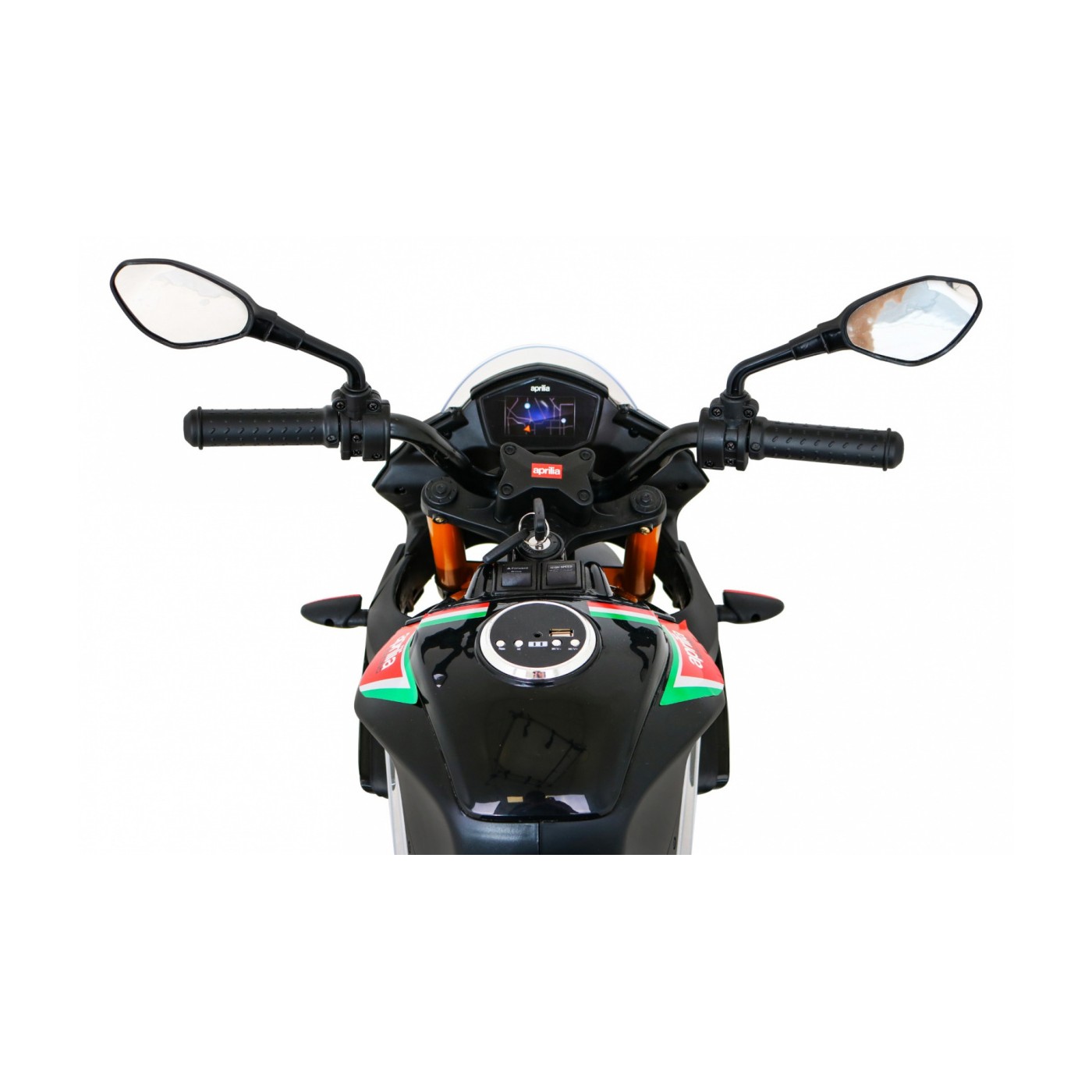 Aprilia Tuono V4 Dětská baterie Motor Černá MP3 Panel Pomocná kola Pomalý start