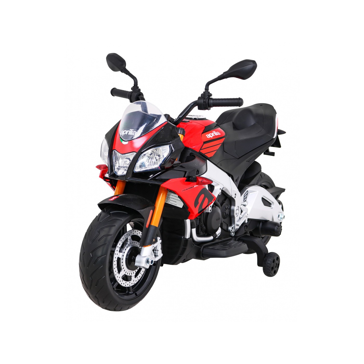 Aprilia Tuono V4 Dětská baterie Motor Červený MP3 panel Pomocná kola Pomalý start
