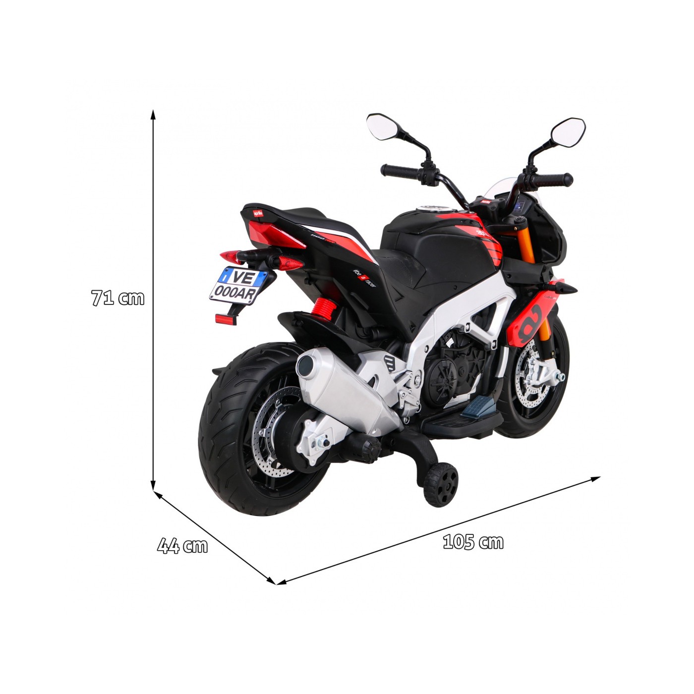 Aprilia Tuono V4 Dětská baterie Motor Červený MP3 panel Pomocná kola Pomalý start