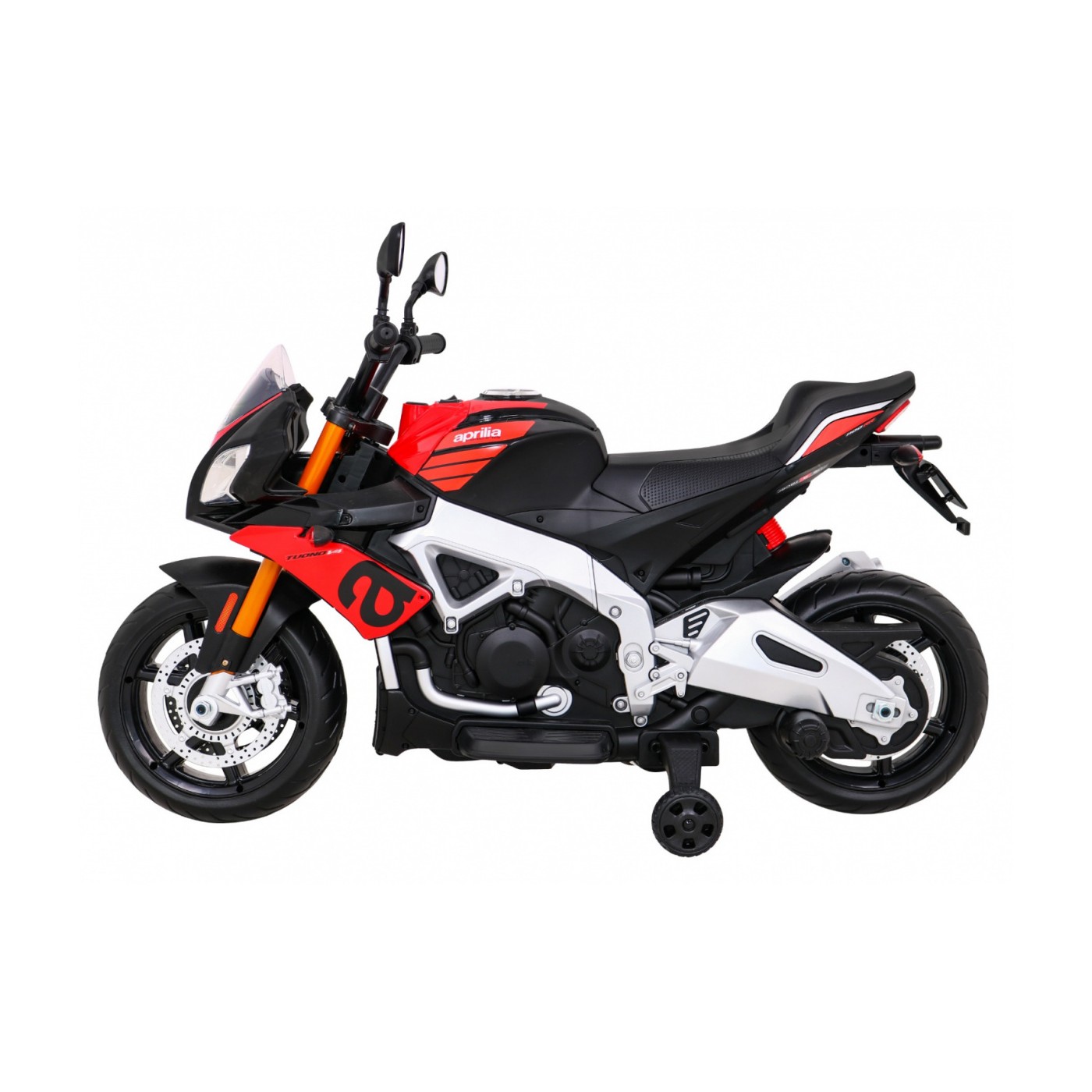 Aprilia Tuono V4 Dětská baterie Motor Červený MP3 panel Pomocná kola Pomalý start