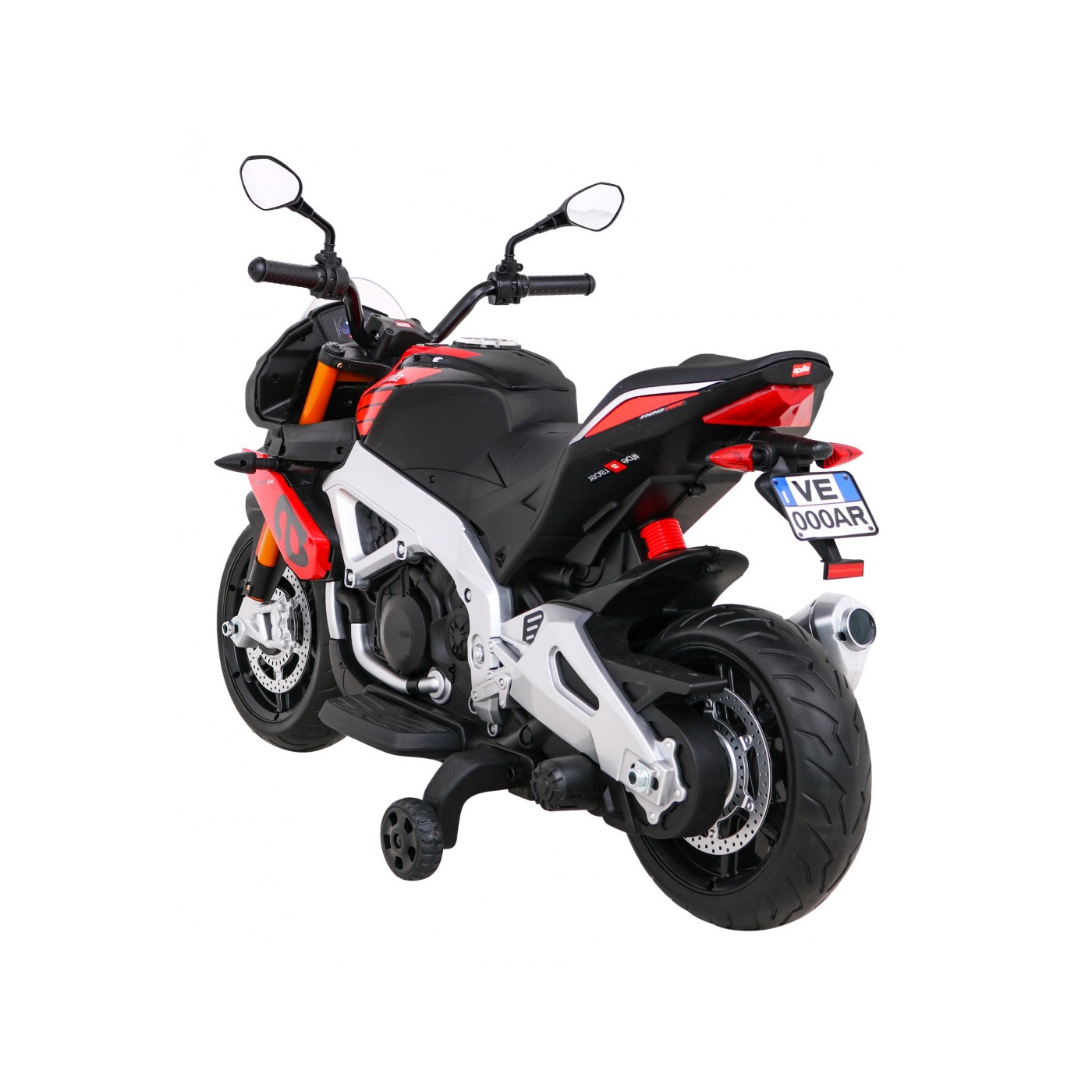 Aprilia Tuono V4 Dětská baterie Motor Červený MP3 panel Pomocná kola Pomalý start
