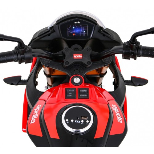 Aprilia Tuono V4 Dětská baterie Motor Červený MP3 panel Pomocná kola Pomalý start