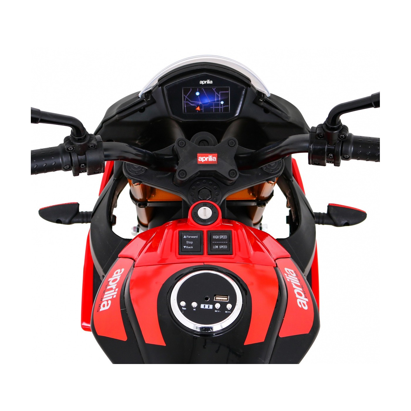 Aprilia Tuono V4 Dětská baterie Motor Červený MP3 panel Pomocná kola Pomalý start