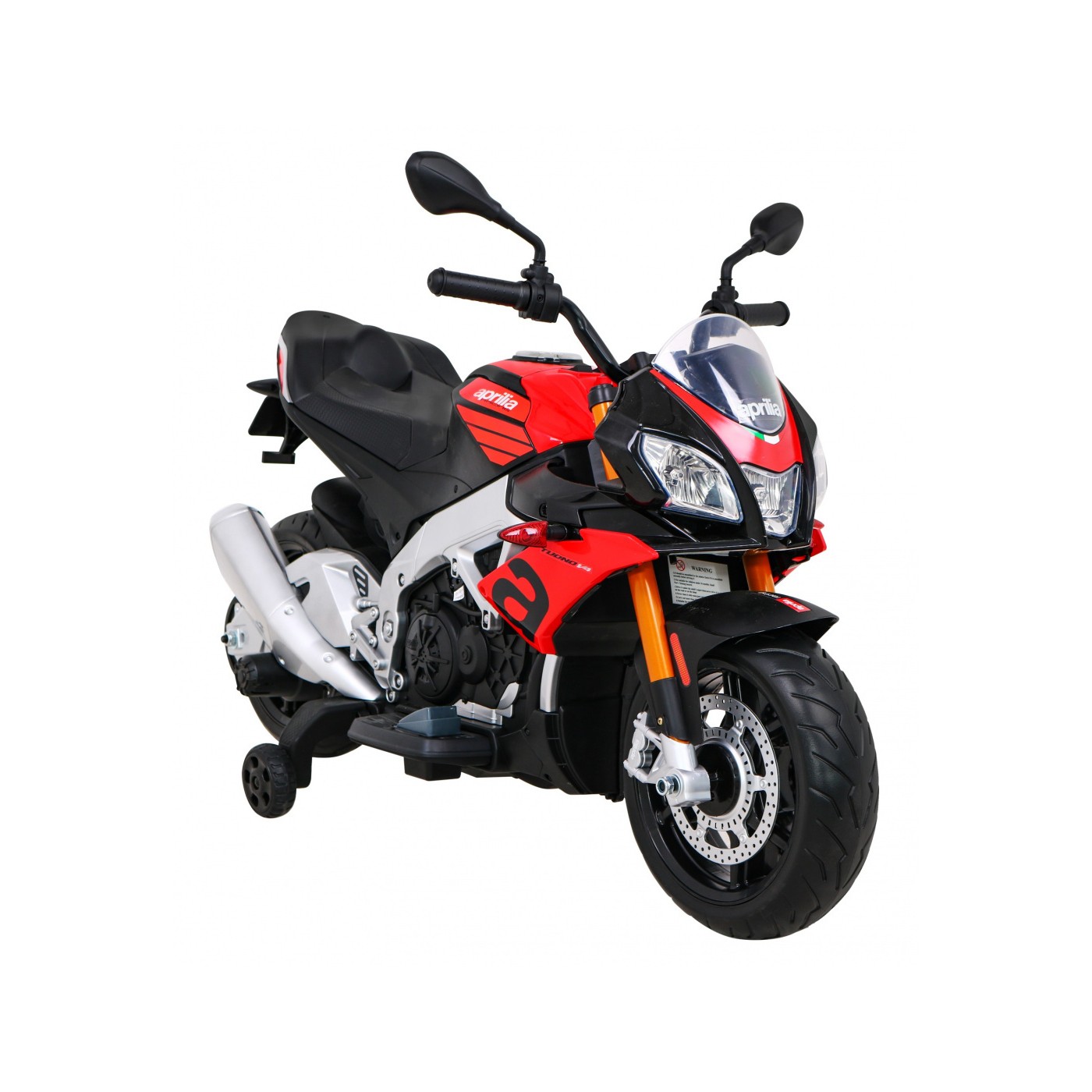 Aprilia Tuono V4 Dětská baterie Motor Červený MP3 panel Pomocná kola Pomalý start