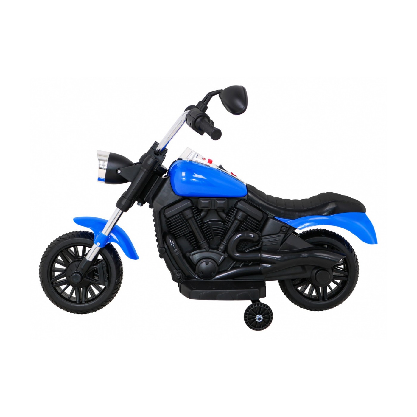Motor Chopper V-Max Dětská baterie Modré melodie Houkačka Světlo Pomocná kolečka