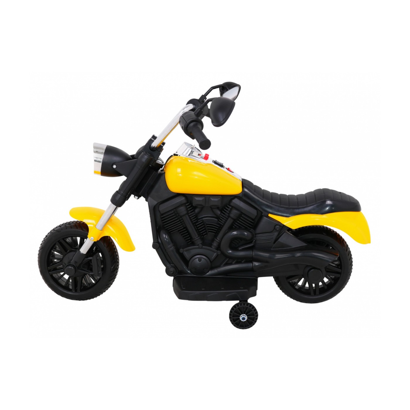Sekáček motoru V-Max na baterii pro děti žlutý + Melodie Horn + Light + Pomocná kola