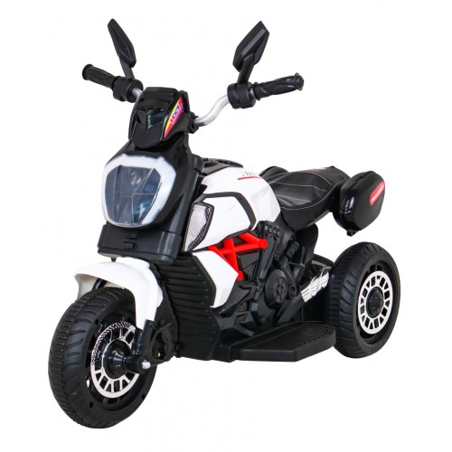 Rychlá turistická dětská baterie Motocykl Bílá + Audio + Světla + Eko kůže