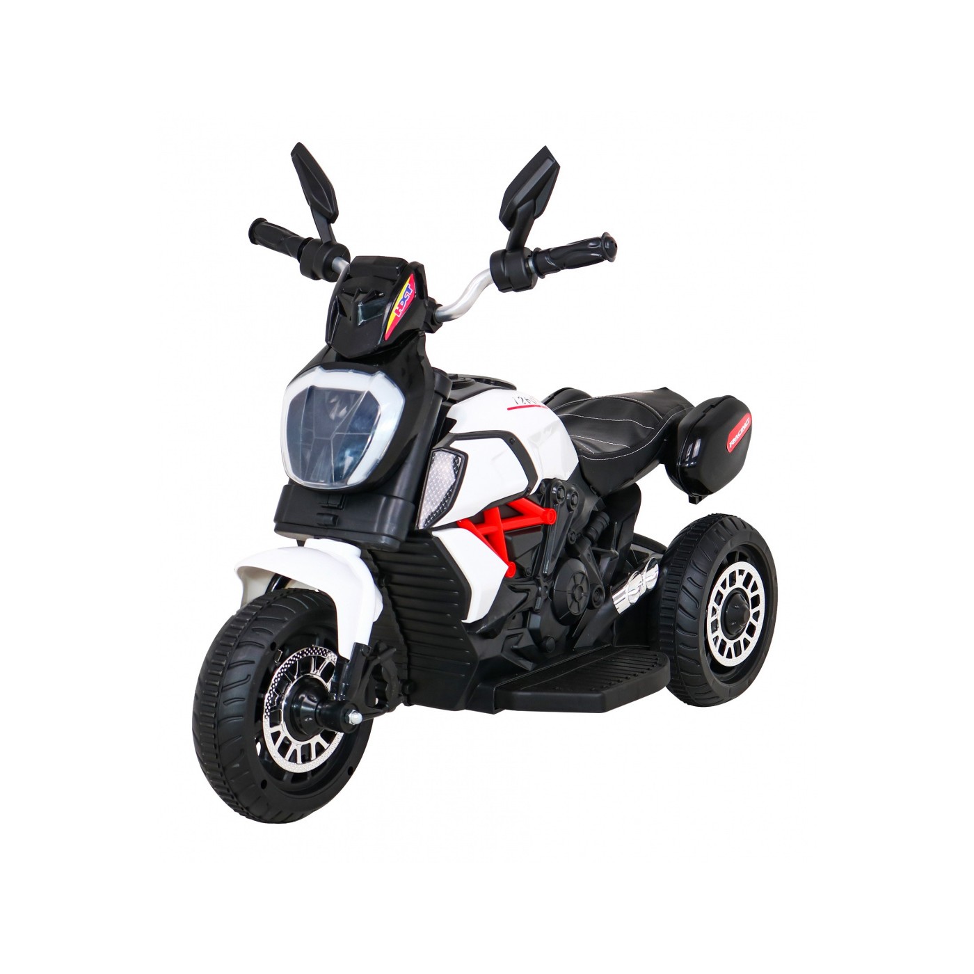 Rychlá turistická dětská baterie Motocykl Bílá + Audio + Světla + Eko kůže