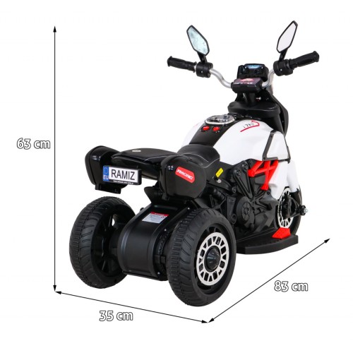 Rychlá turistická dětská baterie Motocykl Bílá + Audio + Světla + Eko kůže