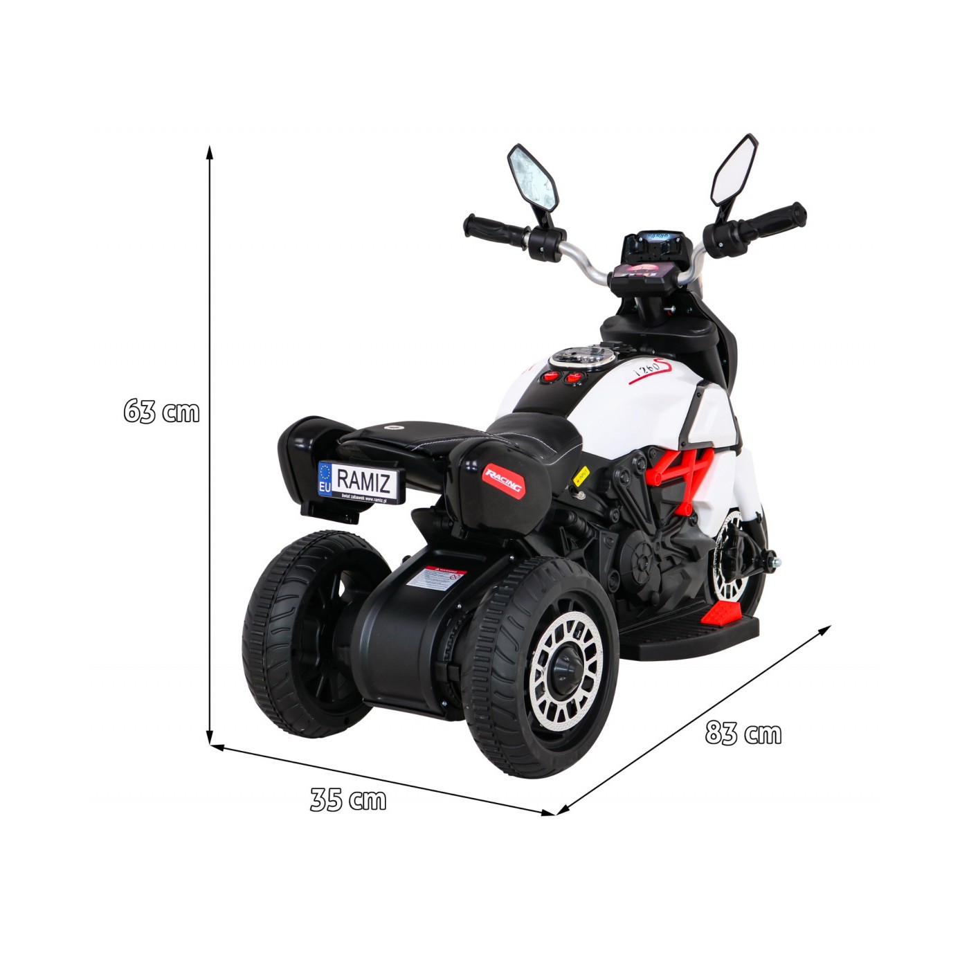 Rychlá turistická dětská baterie Motocykl Bílá + Audio + Světla + Eko kůže