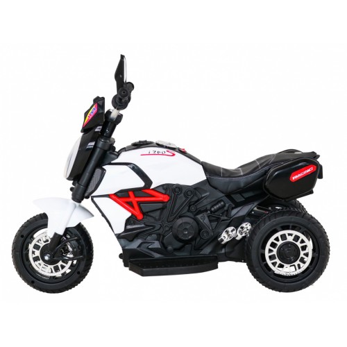 Rychlá turistická dětská baterie Motocykl Bílá + Audio + Světla + Eko kůže