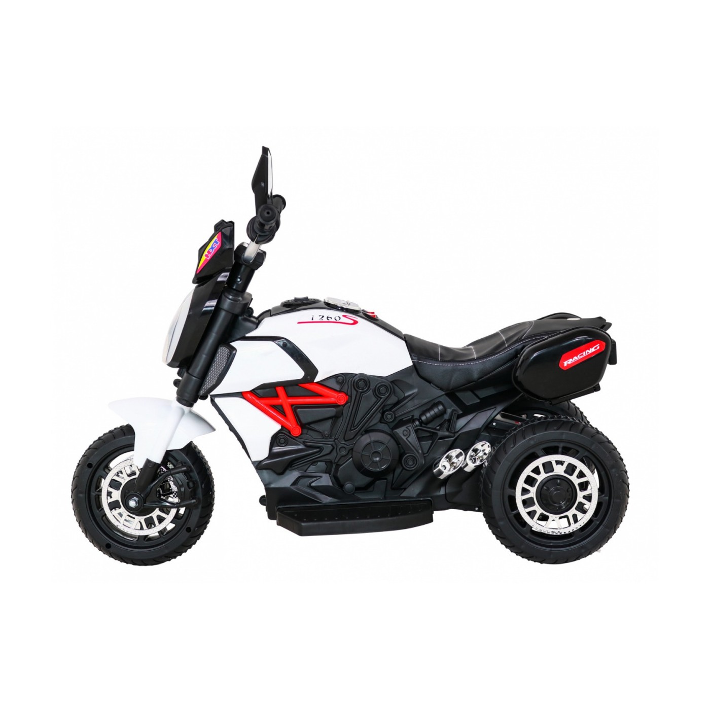 Rychlá turistická dětská baterie Motocykl Bílá + Audio + Světla + Eko kůže