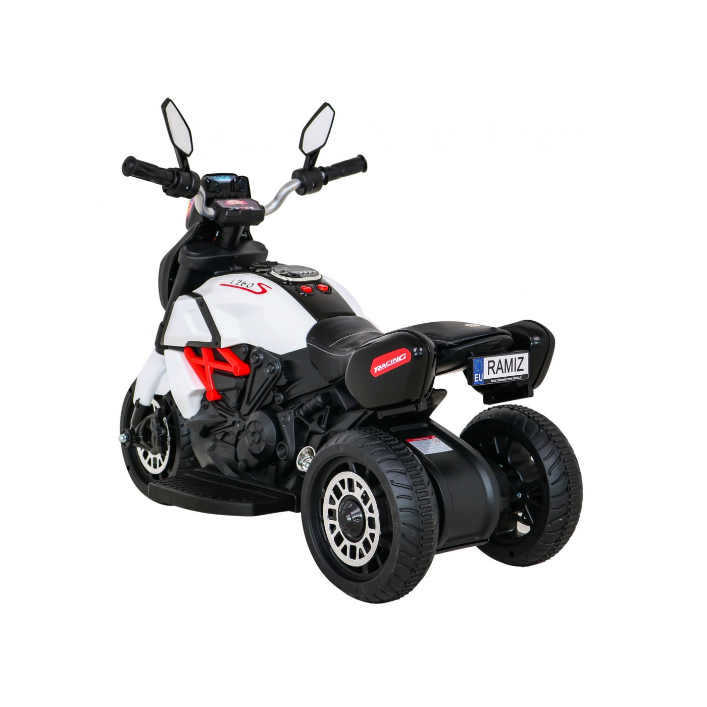 Rychlá turistická dětská baterie Motocykl Bílá + Audio + Světla + Eko kůže