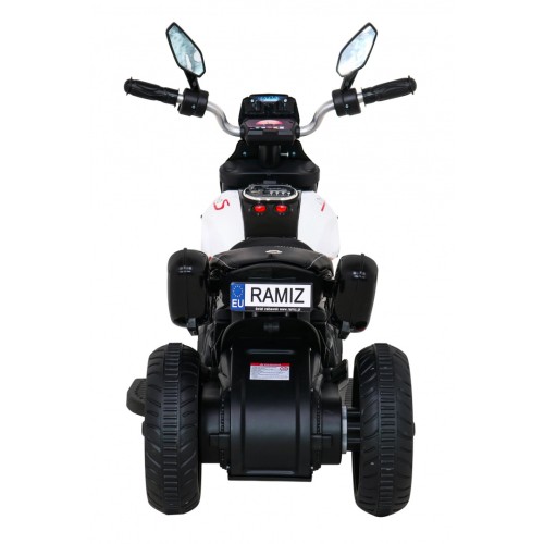 Rychlá turistická dětská baterie Motocykl Bílá + Audio + Světla + Eko kůže