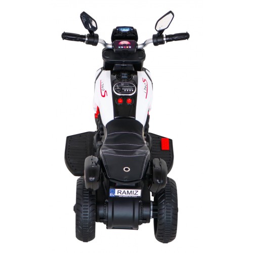 Rychlá turistická dětská baterie Motocykl Bílá + Audio + Světla + Eko kůže