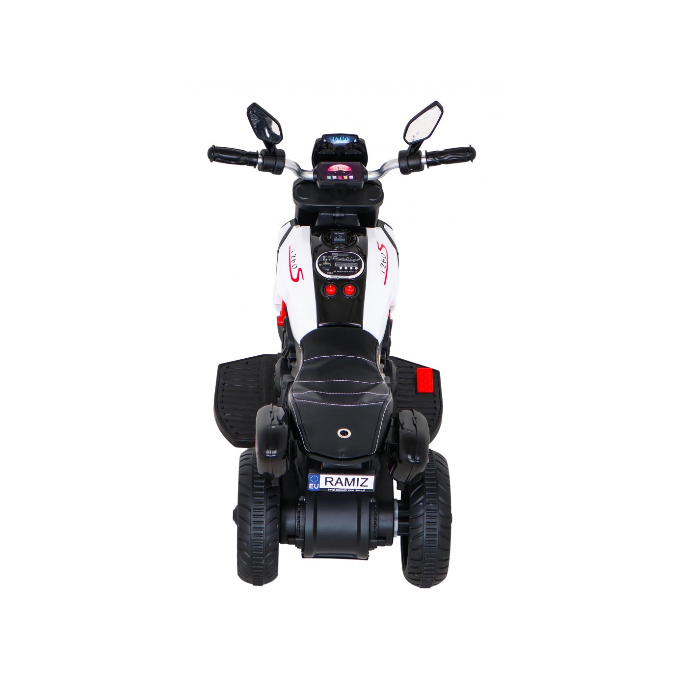 Rychlá turistická dětská baterie Motocykl Bílá + Audio + Světla + Eko kůže