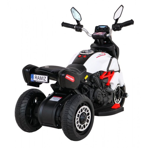 Rychlá turistická dětská baterie Motocykl Bílá + Audio + Světla + Eko kůže
