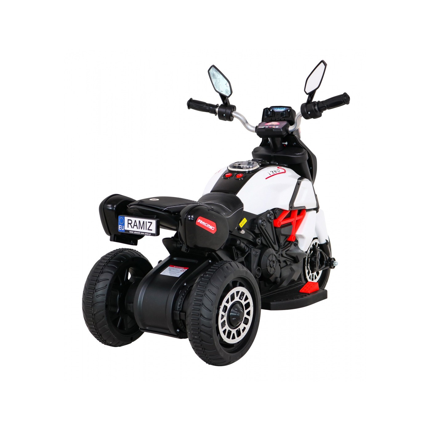 Rychlá turistická dětská baterie Motocykl Bílá + Audio + Světla + Eko kůže