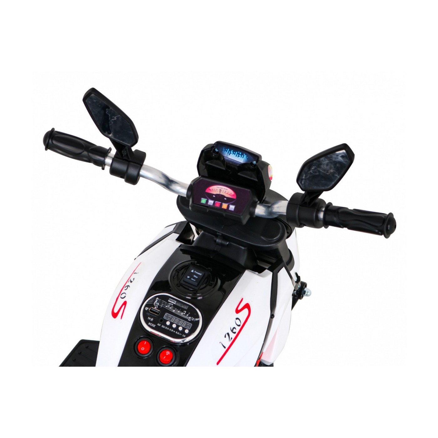 Rychlá turistická dětská baterie Motocykl Bílá + Audio + Světla + Eko kůže