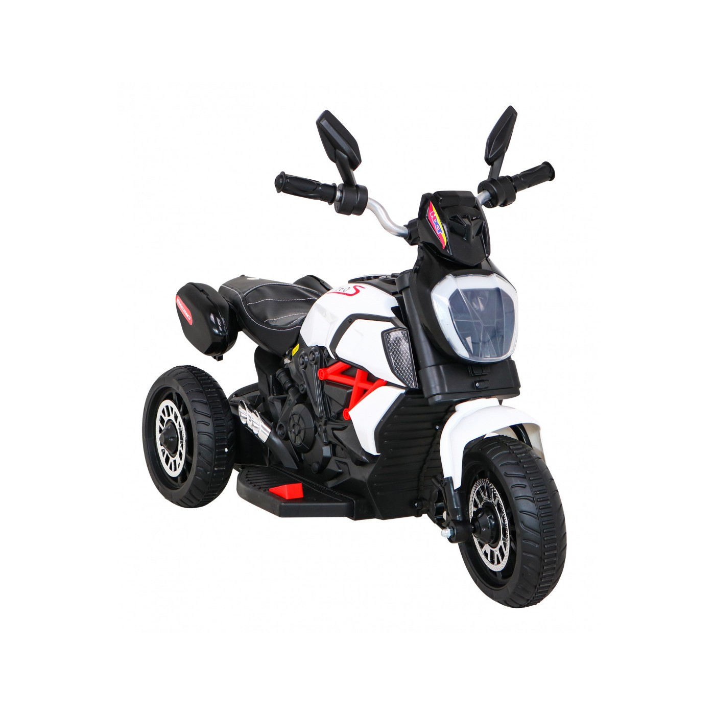 Rychlá turistická dětská baterie Motocykl Bílá + Audio + Světla + Eko kůže
