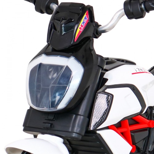 Rychlá turistická dětská baterie Motocykl Bílá + Audio + Světla + Eko kůže
