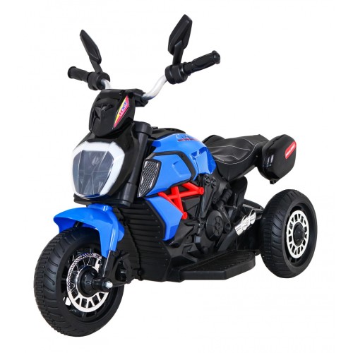 Rychlé turistické dětské dobíjecí motocyklové modré + audio + světla + eko kůže