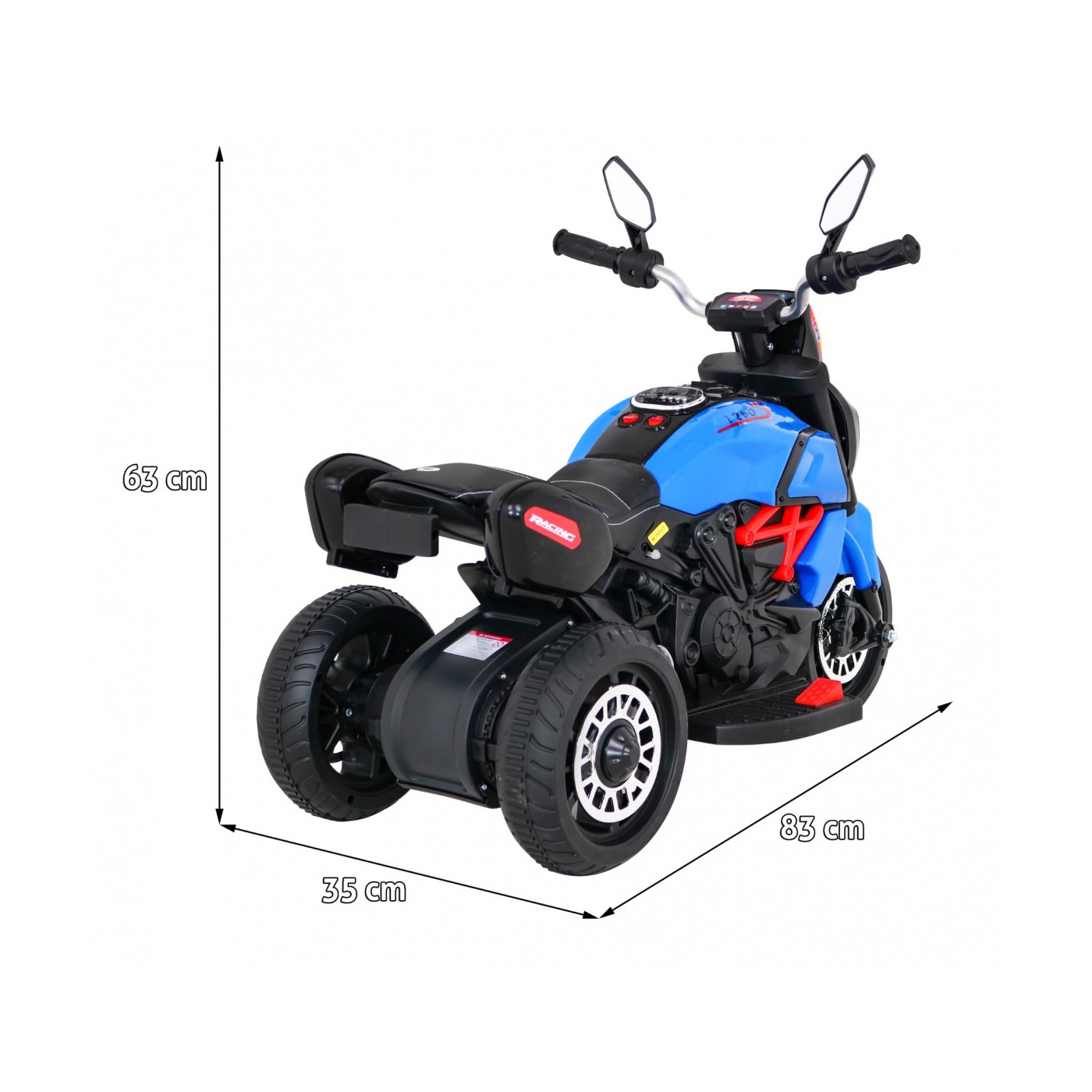 Rychlé turistické dětské dobíjecí motocyklové modré + audio + světla + eko kůže