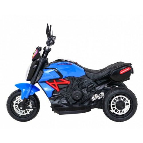 Rychlé turistické dětské dobíjecí motocyklové modré + audio + světla + eko kůže