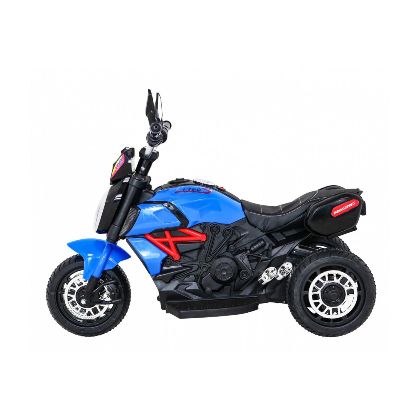 Rychlé turistické dětské dobíjecí motocyklové modré + audio + světla + eko kůže