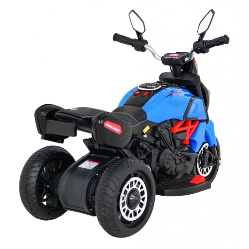 Rychlé turistické dětské dobíjecí motocyklové modré + audio + světla + eko kůže