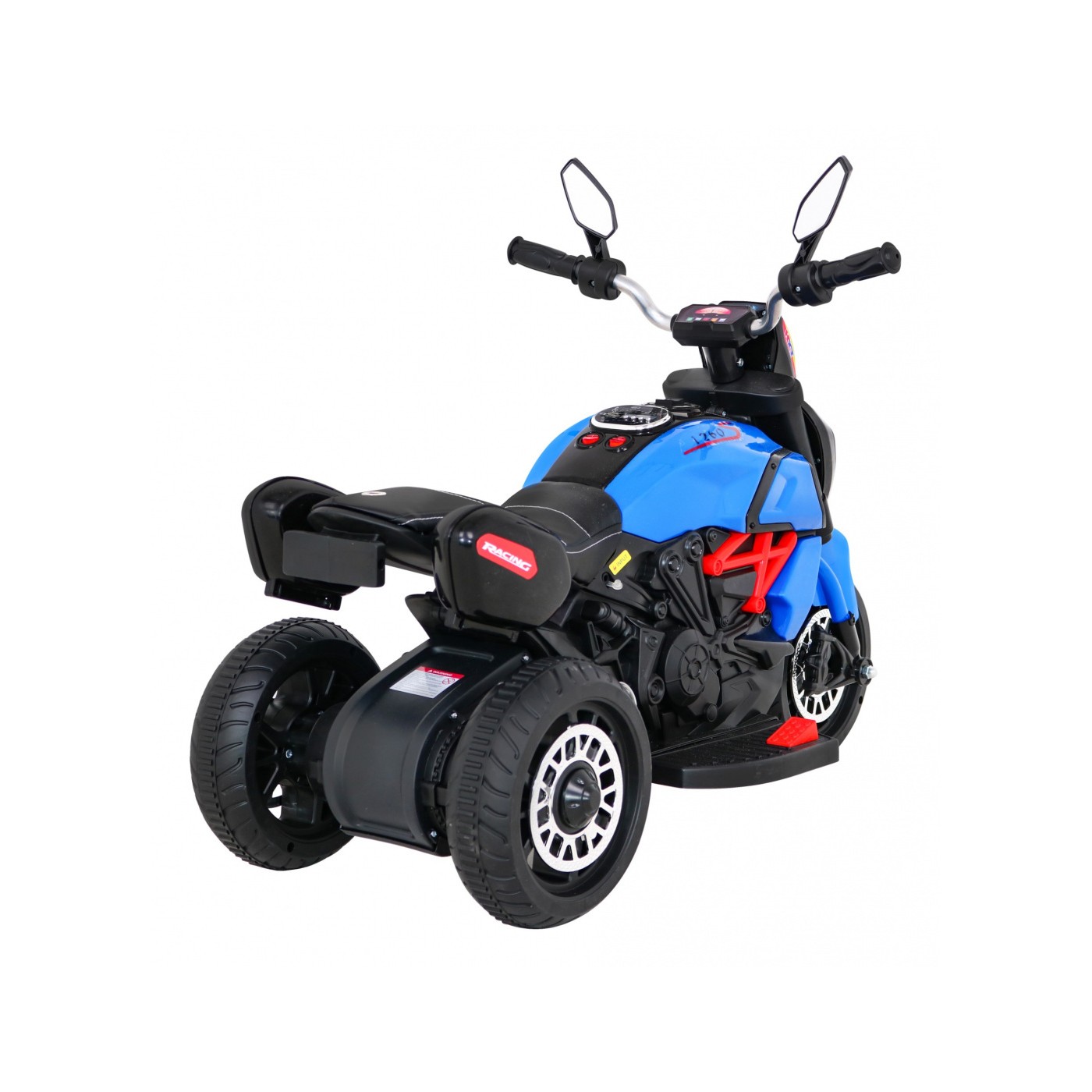 Rychlé turistické dětské dobíjecí motocyklové modré + audio + světla + eko kůže