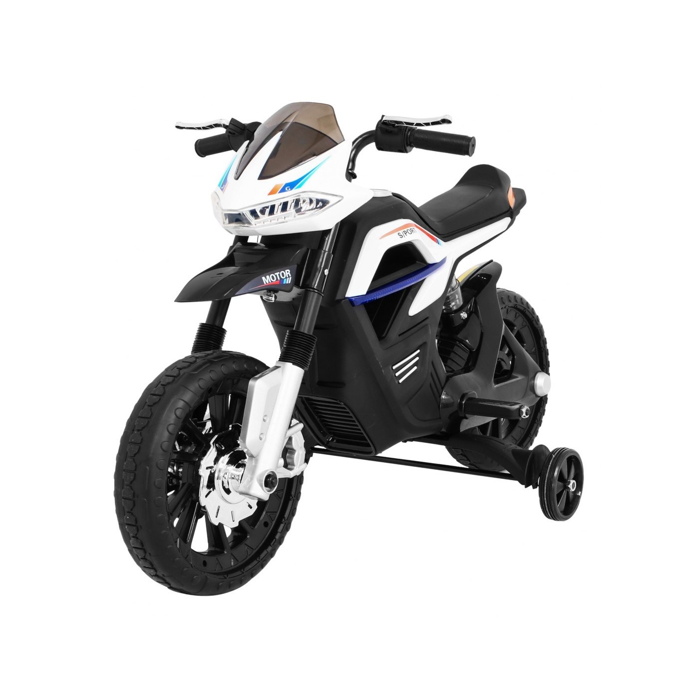 Motor Night Rider na baterii pro děti Bílá + Pomocná kola + MP3 USB + Plyn v škrticí klapce