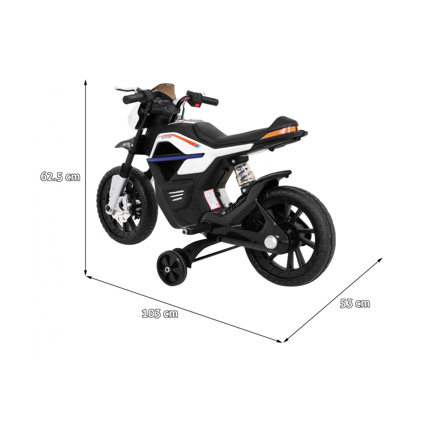 Motor Night Rider na baterii pro děti Bílá + Pomocná kola + MP3 USB + Plyn v škrticí klapce