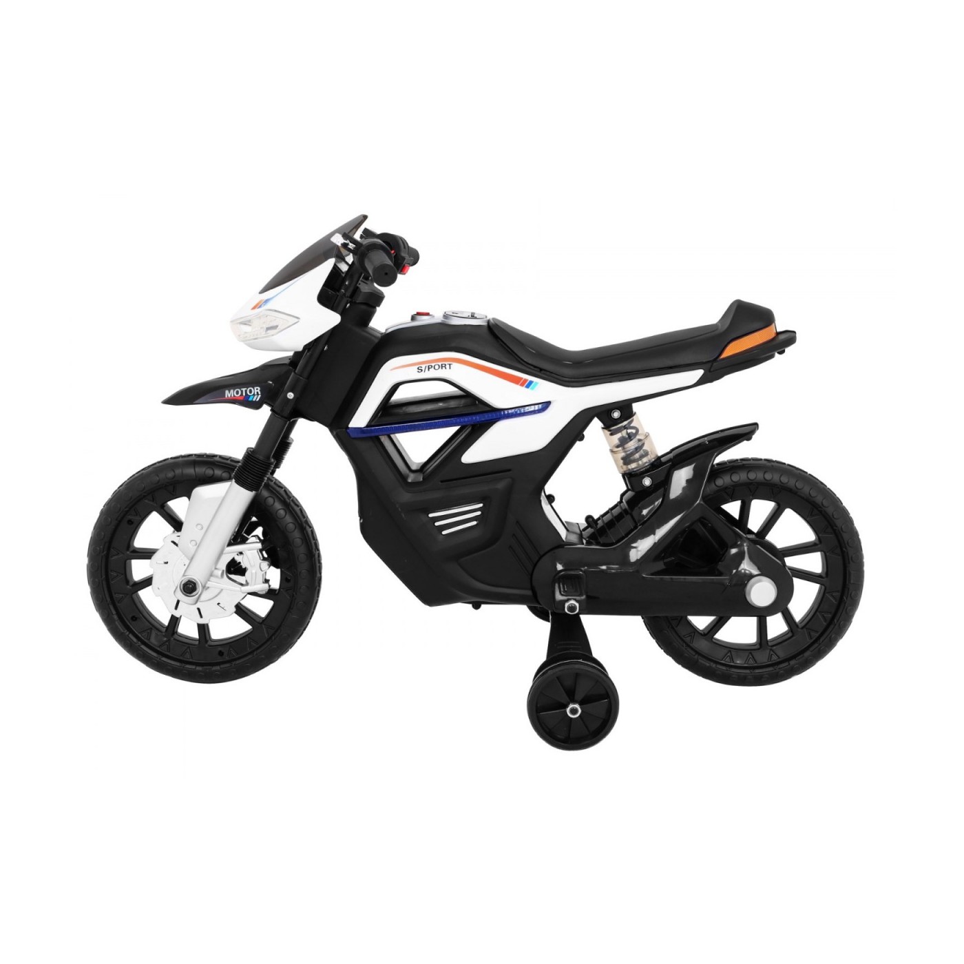 Motor Night Rider na baterii pro děti Bílá + Pomocná kola + MP3 USB + Plyn v škrticí klapce