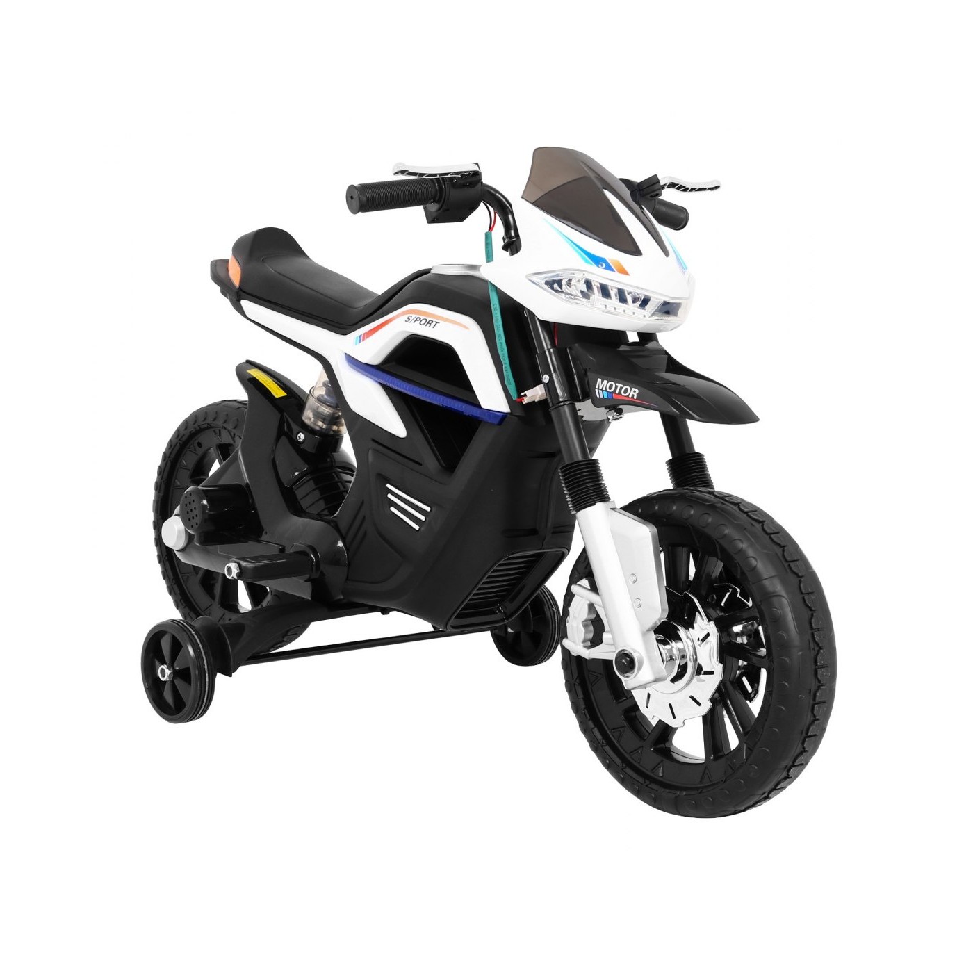 Motor Night Rider na baterii pro děti Bílá + Pomocná kola + MP3 USB + Plyn v škrticí klapce
