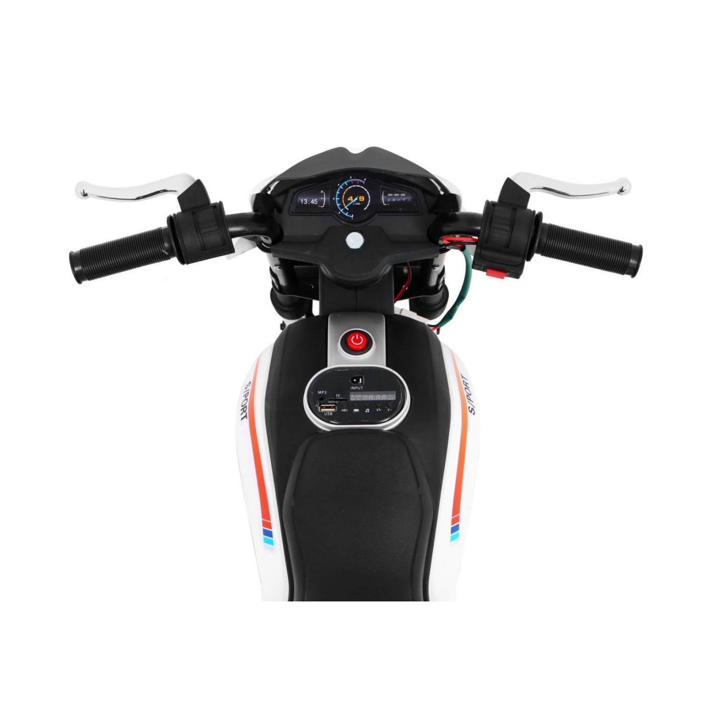 Motor Night Rider na baterii pro děti Bílá + Pomocná kola + MP3 USB + Plyn v škrticí klapce