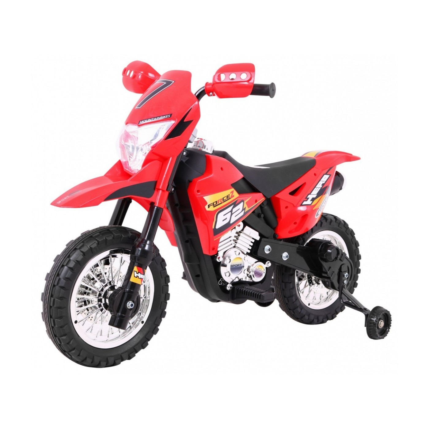 Dětské křížové motocyklové akumulátorové vozidlo červená pomocná kola LED zvonky
