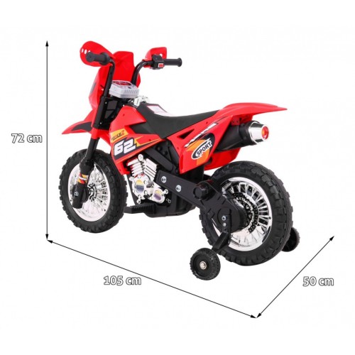 Dětské křížové motocyklové akumulátorové vozidlo červená pomocná kola LED zvonky