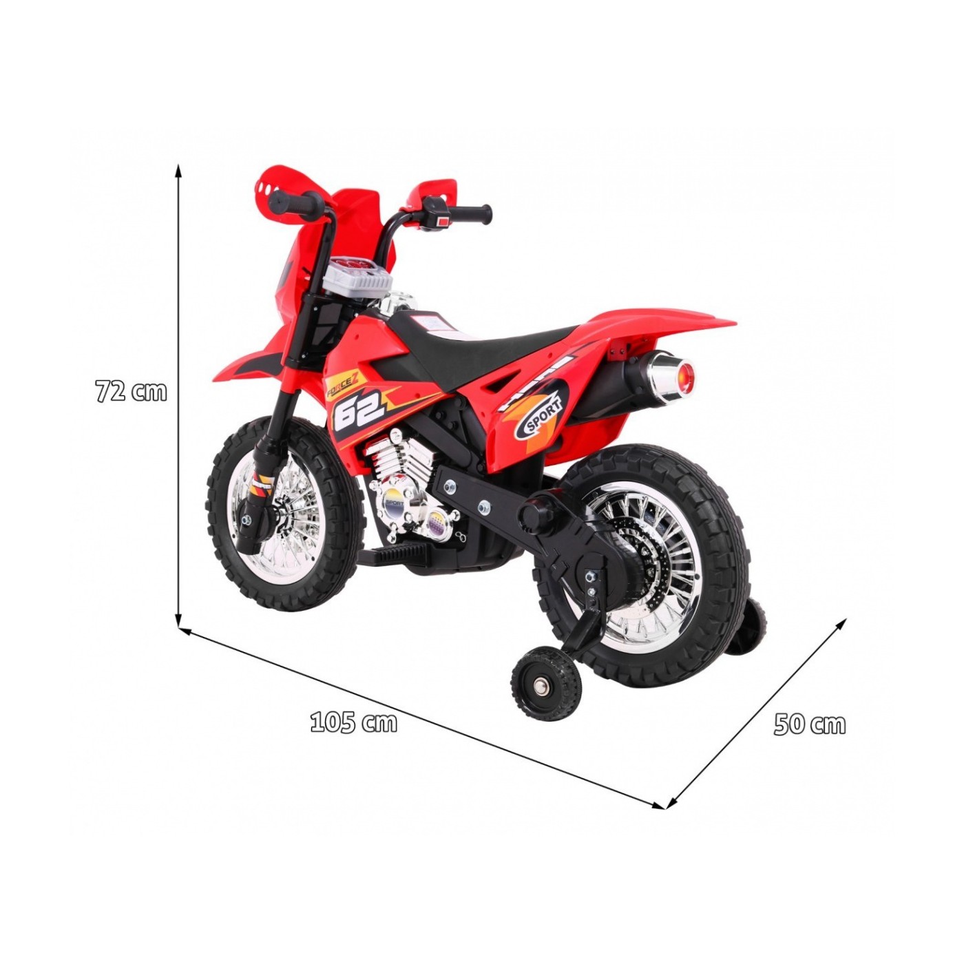 Dětské křížové motocyklové akumulátorové vozidlo červená pomocná kola LED zvonky