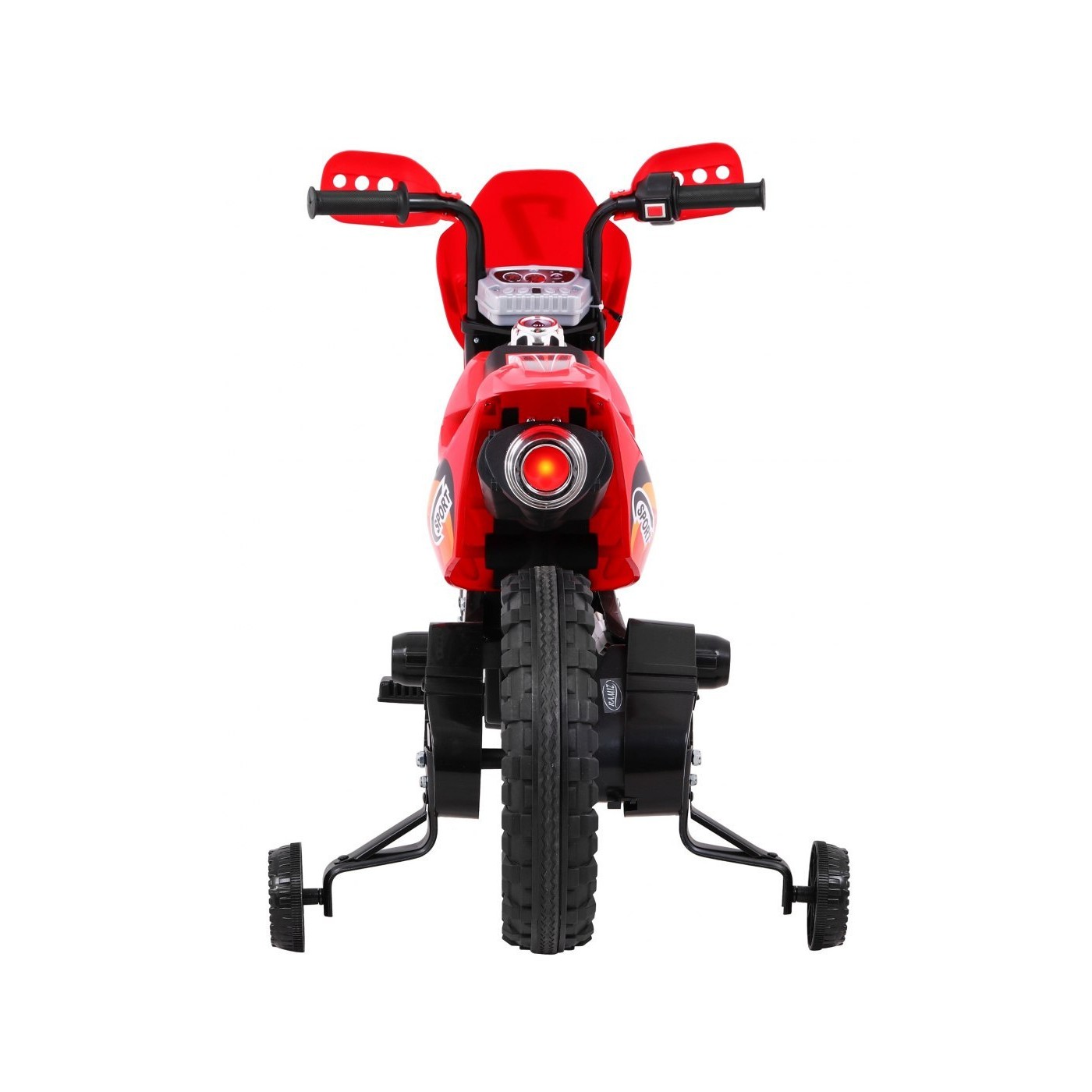 Dětské křížové motocyklové akumulátorové vozidlo červená pomocná kola LED zvonky