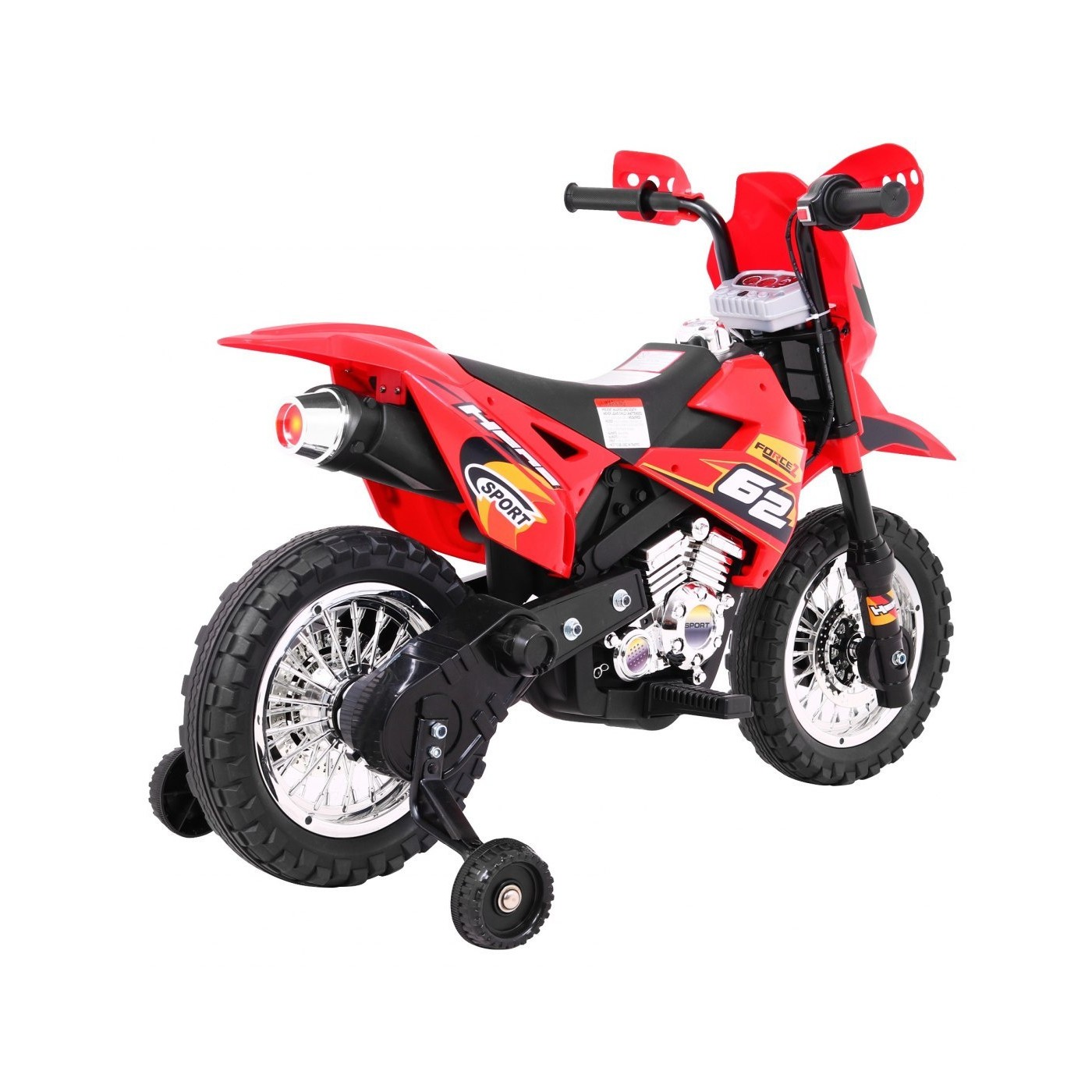 Dětské křížové motocyklové akumulátorové vozidlo červená pomocná kola LED zvonky