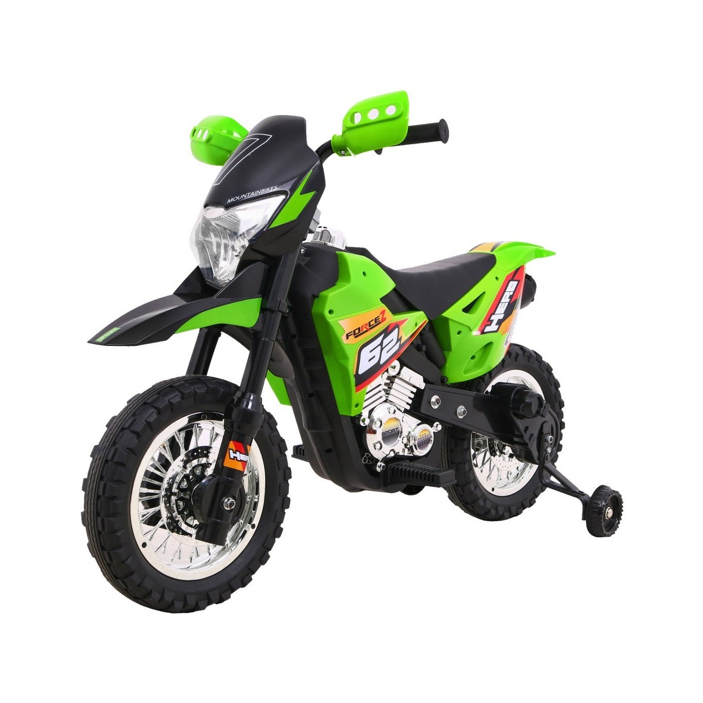 Dětské krosové motocyklové akumulátorové vozidlo Zelená pomocná kola LED zvuky