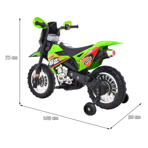 Dětské krosové motocyklové akumulátorové vozidlo Zelená pomocná kola LED zvuky