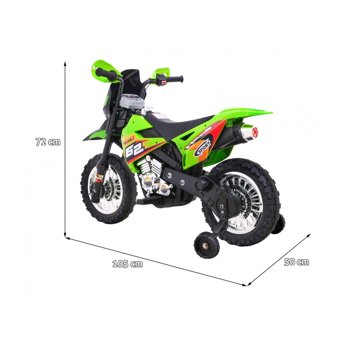 Dětské krosové motocyklové akumulátorové vozidlo Zelená pomocná kola LED zvuky