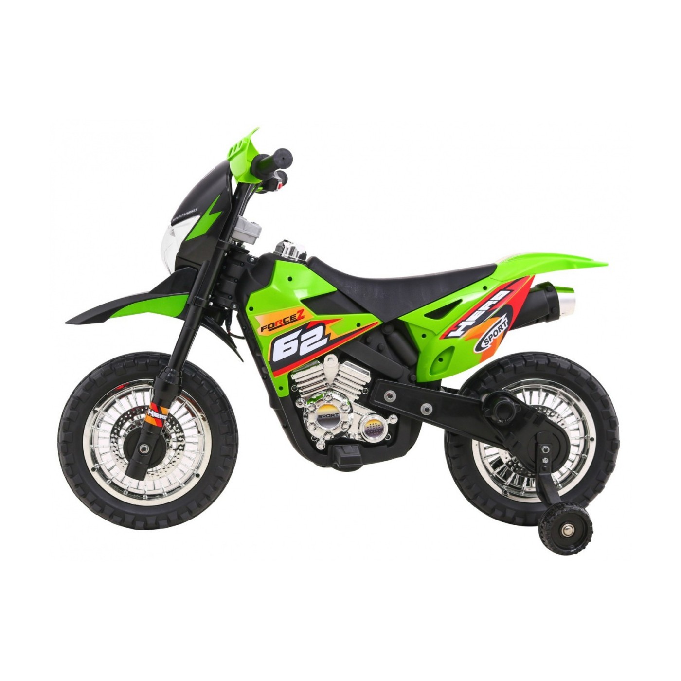 Dětské krosové motocyklové akumulátorové vozidlo Zelená pomocná kola LED zvuky