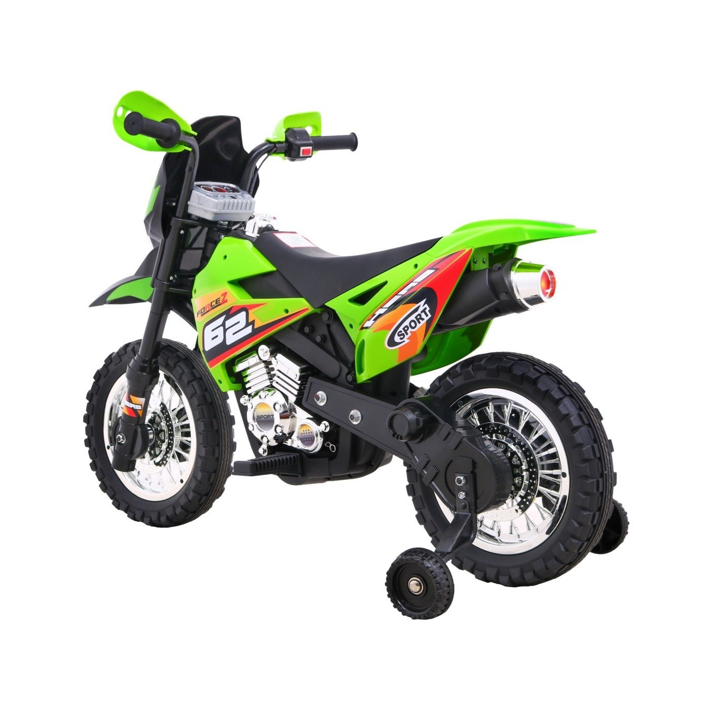 Dětské krosové motocyklové akumulátorové vozidlo Zelená pomocná kola LED zvuky