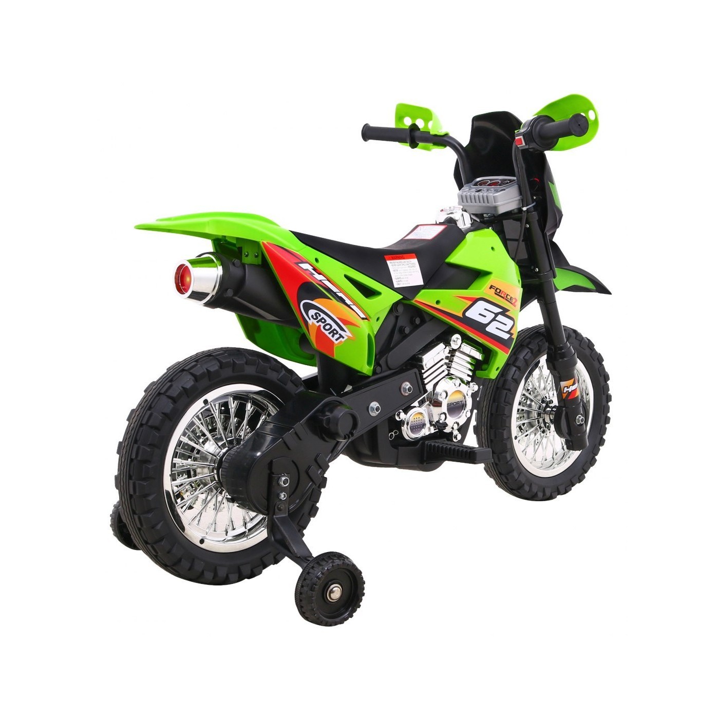 Dětské krosové motocyklové akumulátorové vozidlo Zelená pomocná kola LED zvuky