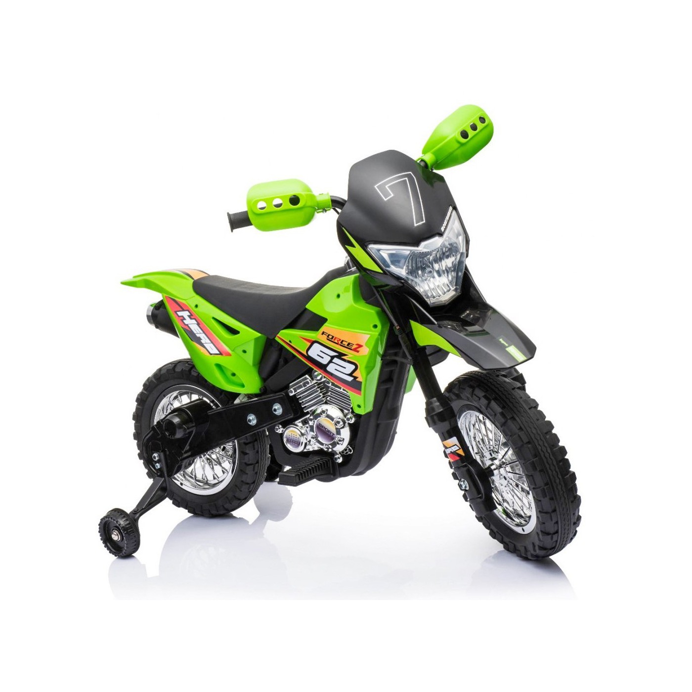 Dětské krosové motocyklové akumulátorové vozidlo Zelená pomocná kola LED zvuky
